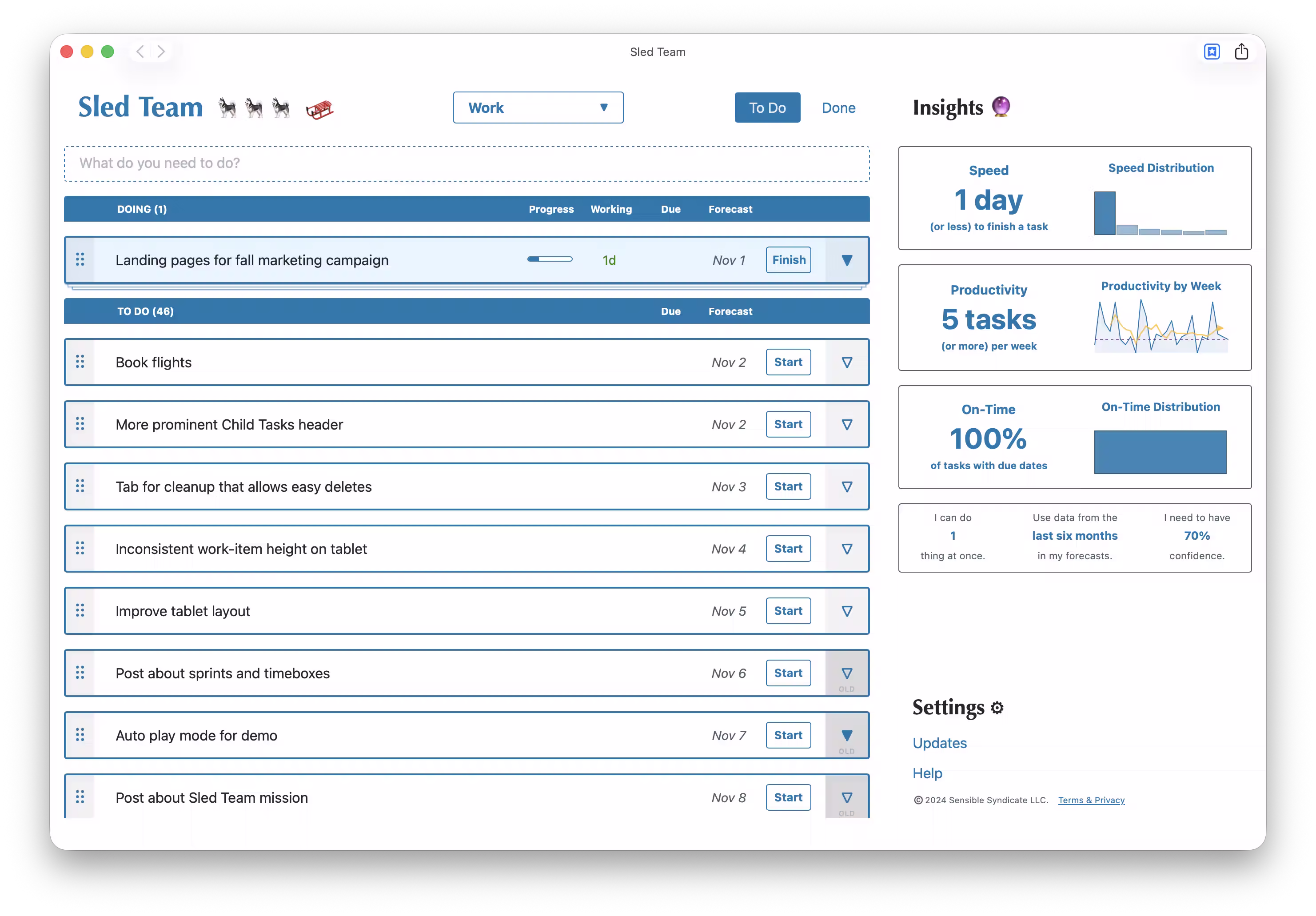 Sled Team desktop interface showing clean kanban board